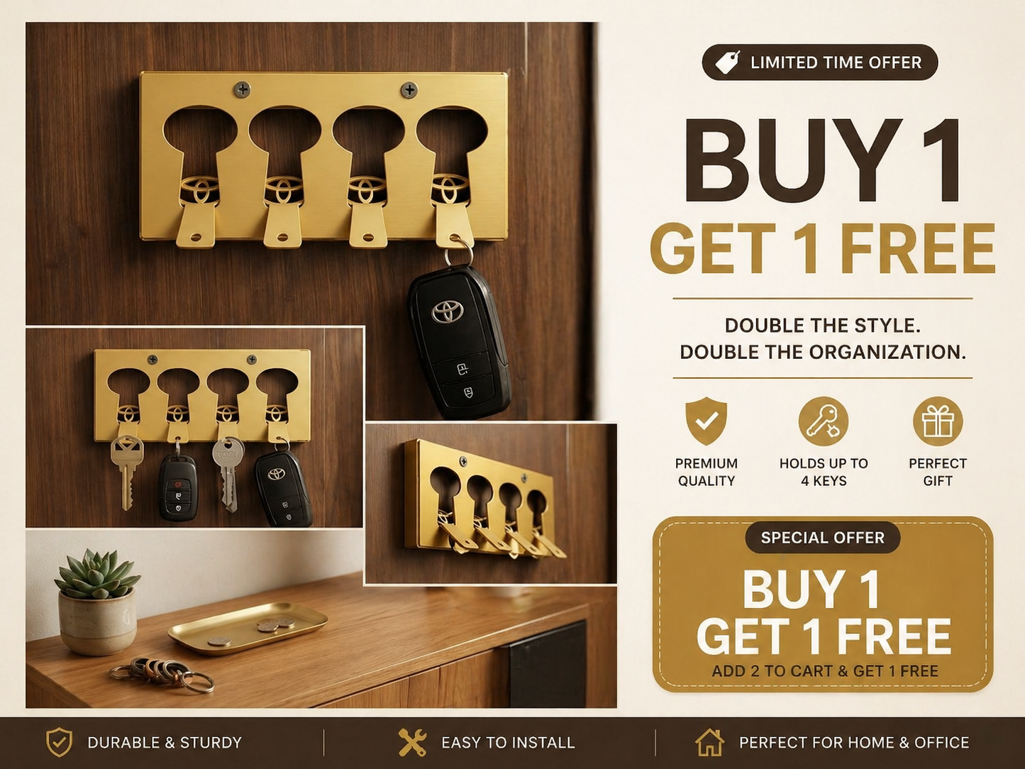 TOYOTA Master Key Holder – Buy 1 Get 1 Free | 4 Hook Gold Wall Mount