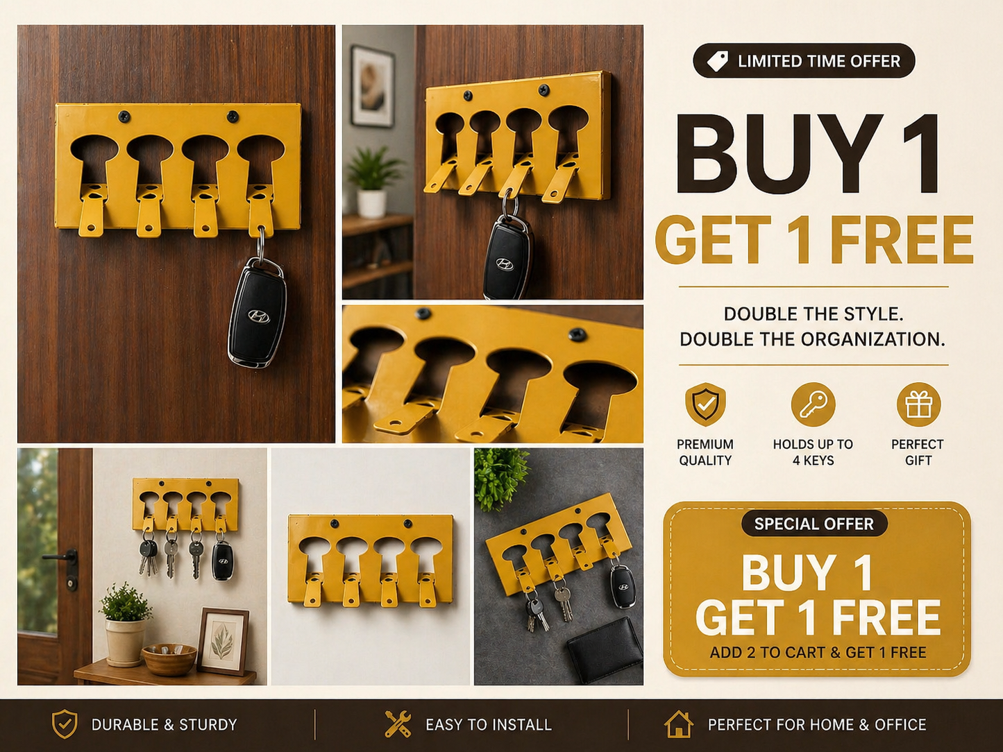 HYUNDAI Master Key Holder – Buy 1 Get 1 Free | 4 Hook Gold Wall Mount