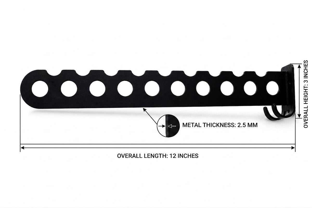 Hanger organizer rack dimensions - 12 inch length, 3 inch height, 2.5mm metal thickness