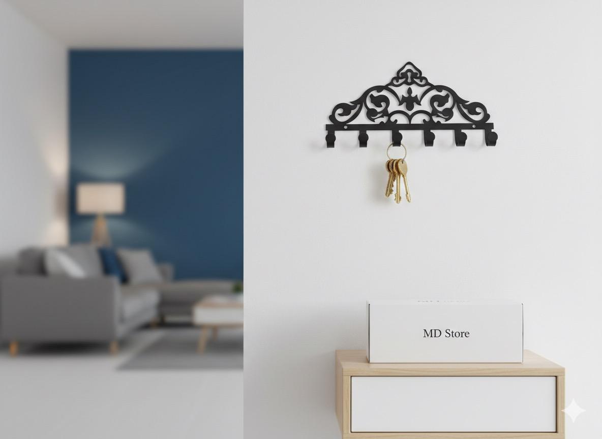 Premium Islamic Geometric Wall Mounted Key Holder - Decorative Metal Hook Rack